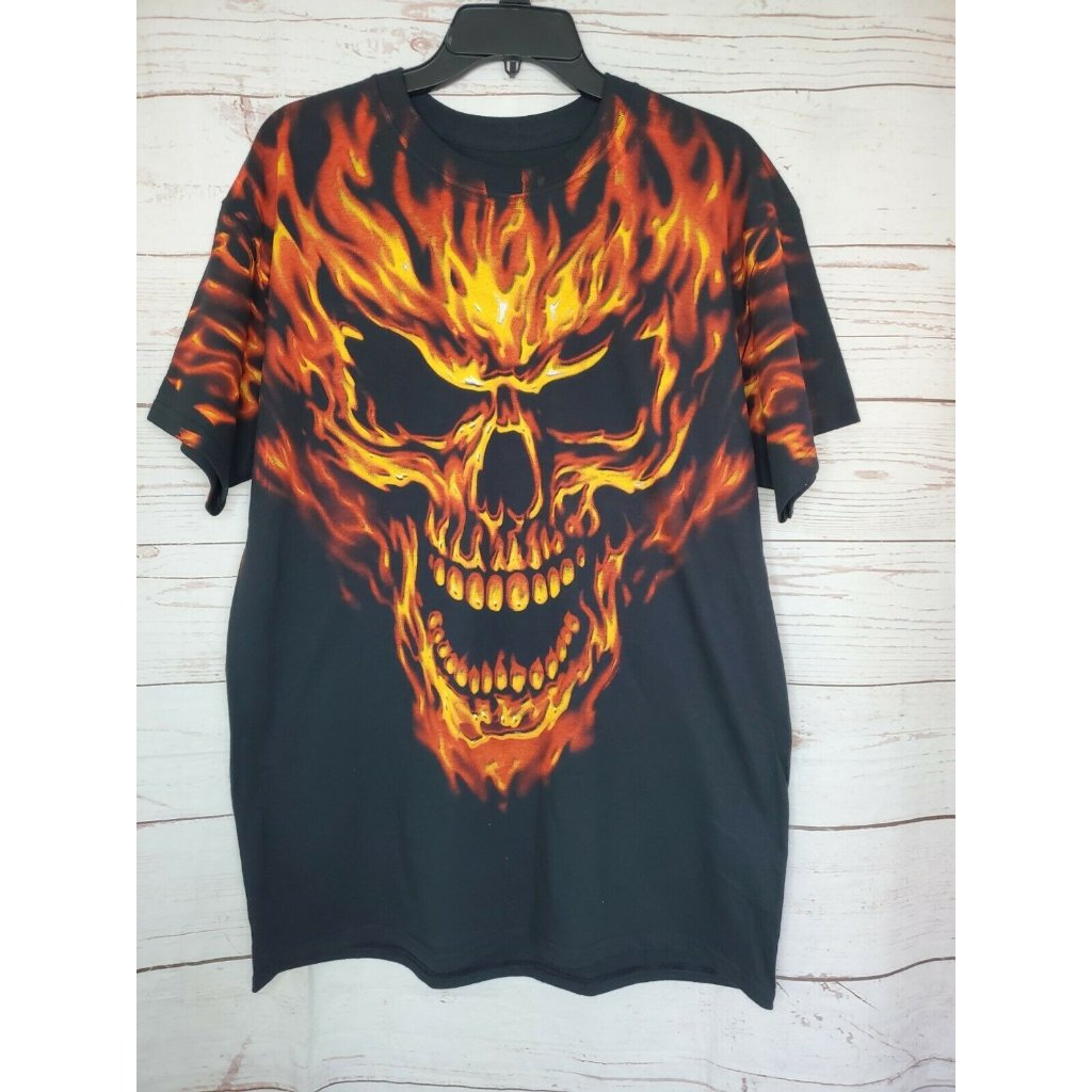 Liquid Blue Flaming Skull Halloween Black Orange Flame Preshrunk Cotton T Shirt